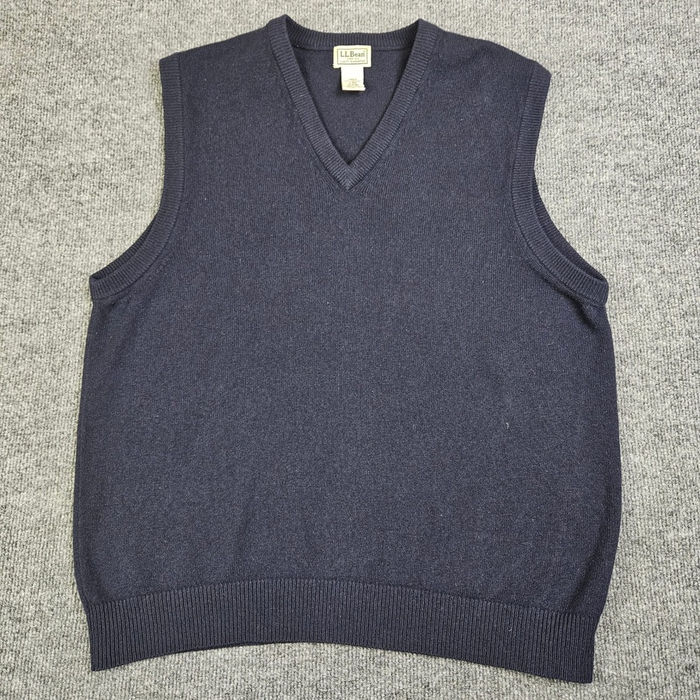LL Bean V-Neck Sweater Vest Men's L Navy Blue Knit 100% Lambs‎ Wool Preppy